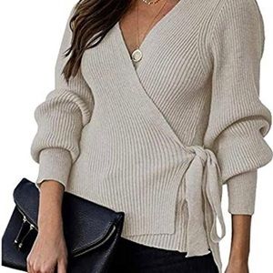KIRUNDO Women’s Fall Winter Sexy V Neck Oversized Sweater Balloon Sleeve